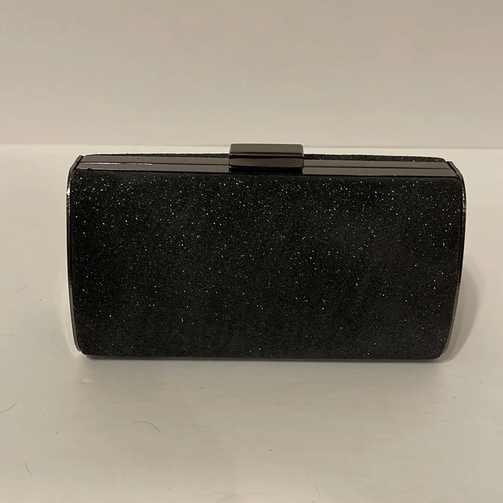 Clutch Purse Black Sparkle with Hideaway Metal Fancy Shoulder Strap. - Picture 2 of 9